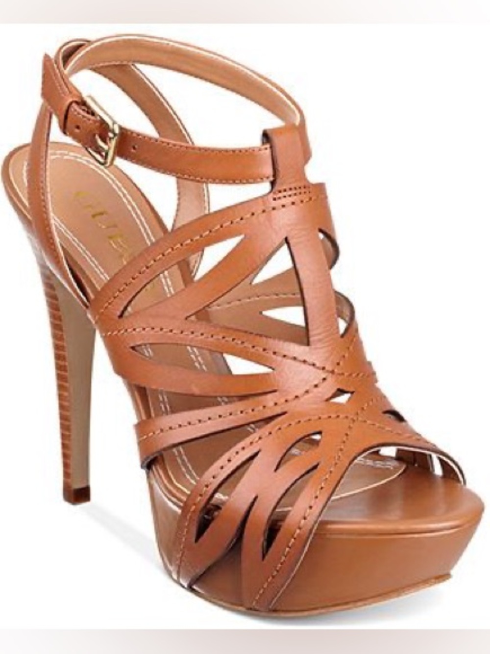 Guess Tan Cutout Leather Platform Sandals